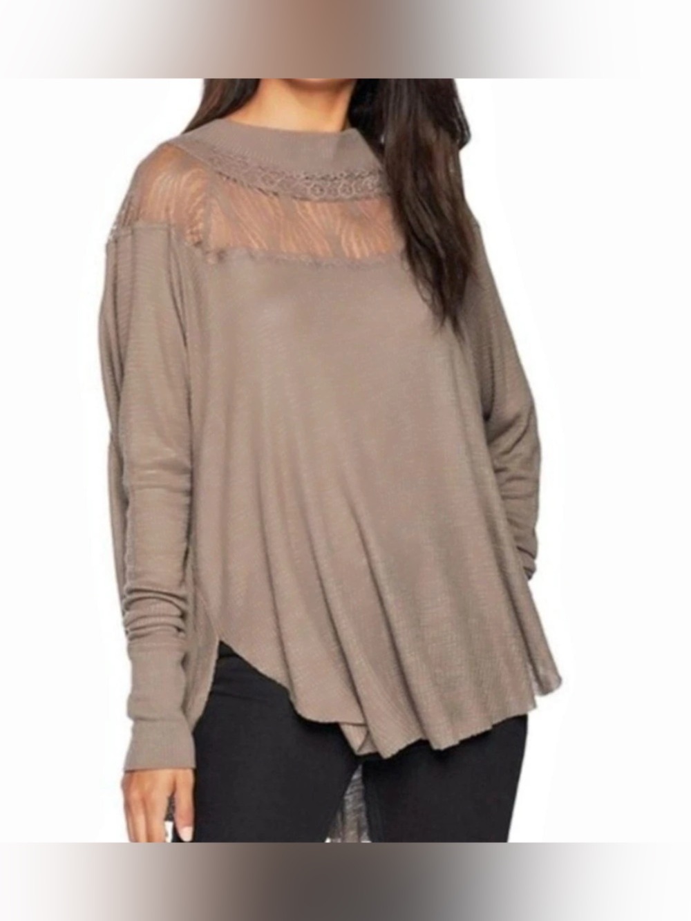 Free People Taupe Thermal Lace Accent Mock Neck Long Sleeve Blouse - Size XL